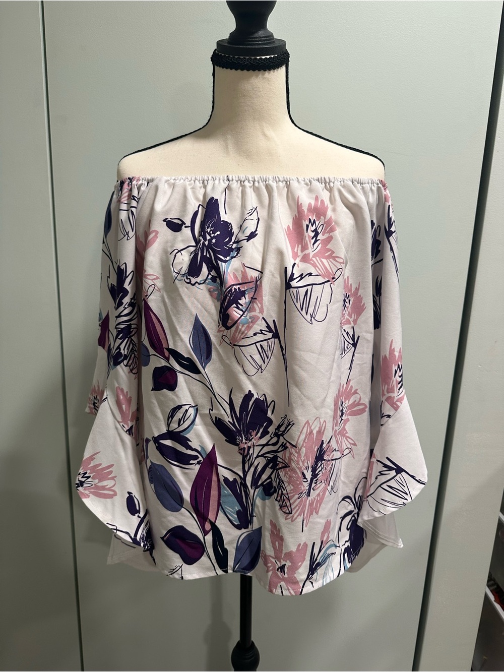 SHEIN Size S Women White, Purple, & Pink Floral Off-Shoulder Long-Sleeve Blouse